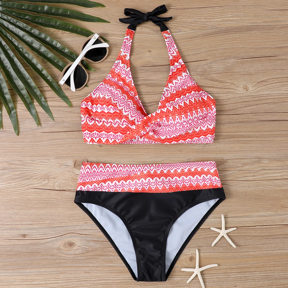 2023 New Women Retro Bathing Suit Swimsuit Female New Design Printing Bikini Swimwear Summer High Waist Two Piece Set Bath Suit