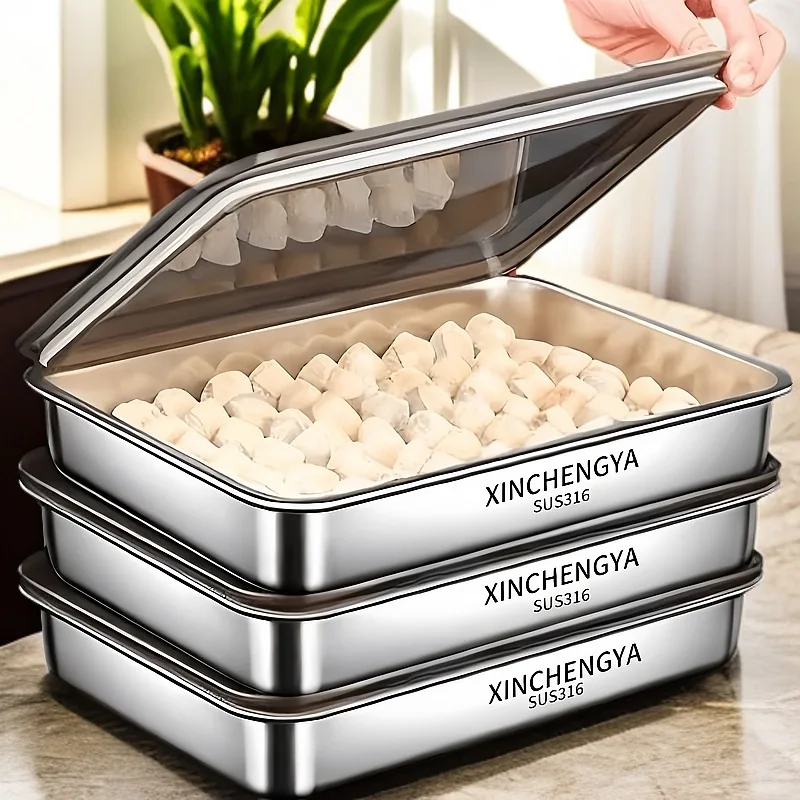 316 Stainless Steel Food Tray with Lid, Rectangular Dumpling Plate, Fresh-Keeping Dish, Multi-Purpose Storage Tray for Picnic