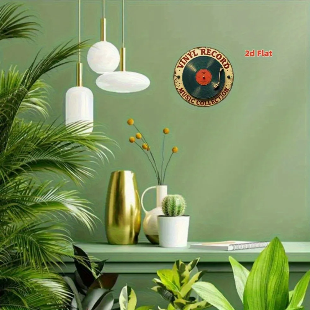 2D Flat Vintage Vinyl Record Wall Decoration,Retro LP-Platte with Rounded Edges, Green Background, Waterproof & Dustproof,Ideal
