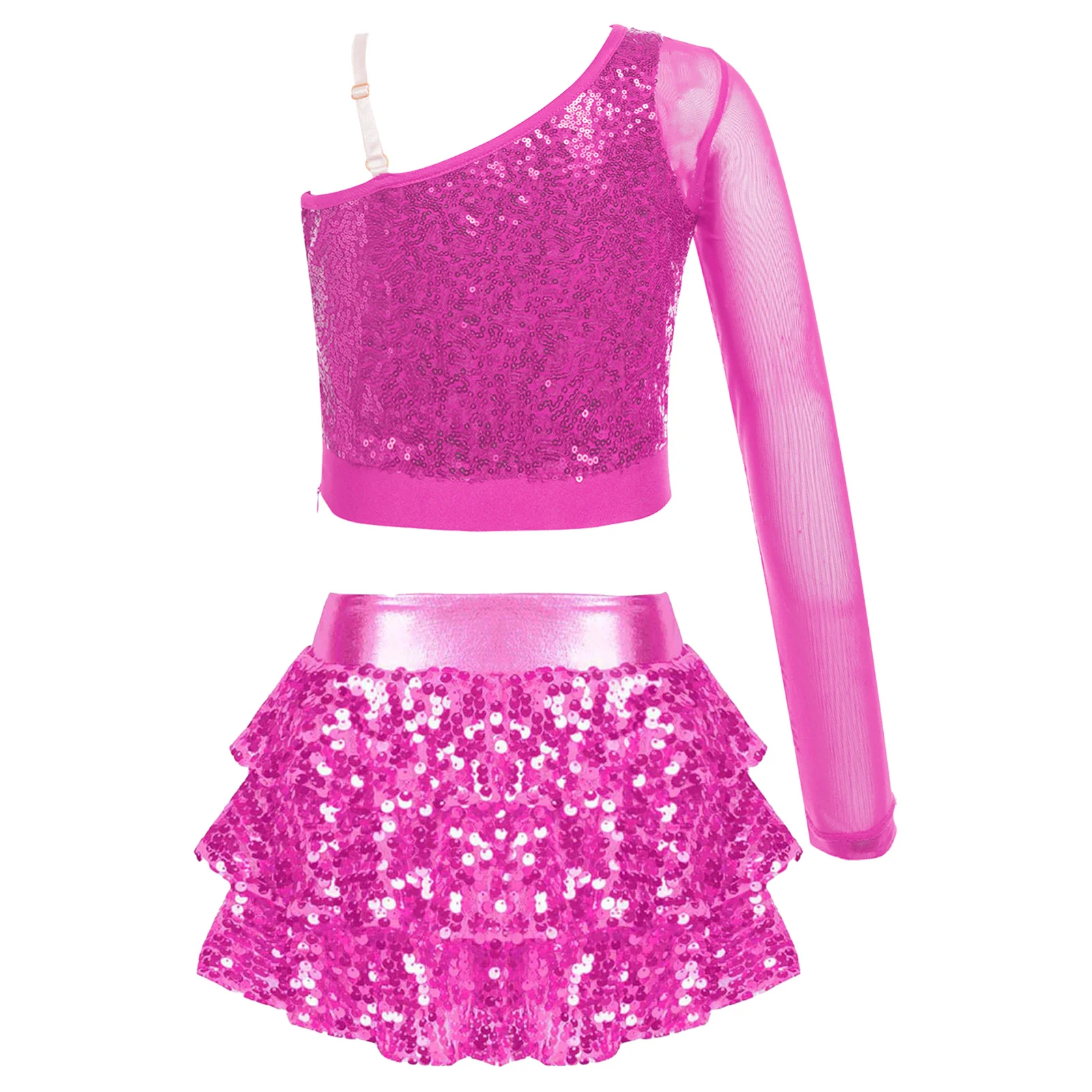kids-girls-2pcs-jazz-dance-outfit-costume-sheer-one-shoulder-sequin-crop-top-with-metallic-tiered-skirt-cheerleading-performance