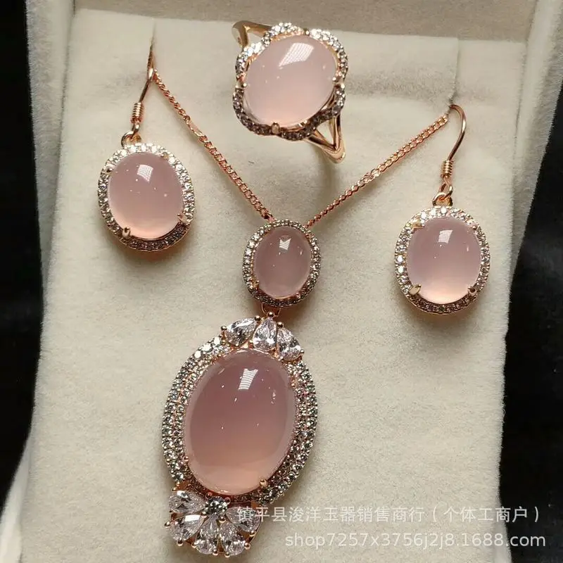 Silver-plated pendant with natural high-quality white chalcedony, pigeon egg jade necklace, earrings, and ring three-piece set