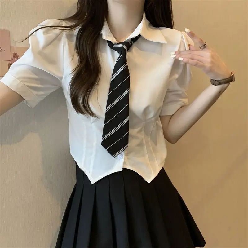 Japanese Style Korean Uniform  Spicy Girl Versatile Short Tie Shirt Women's Black Pleated Half Skirt Set School Girl Uniform Set