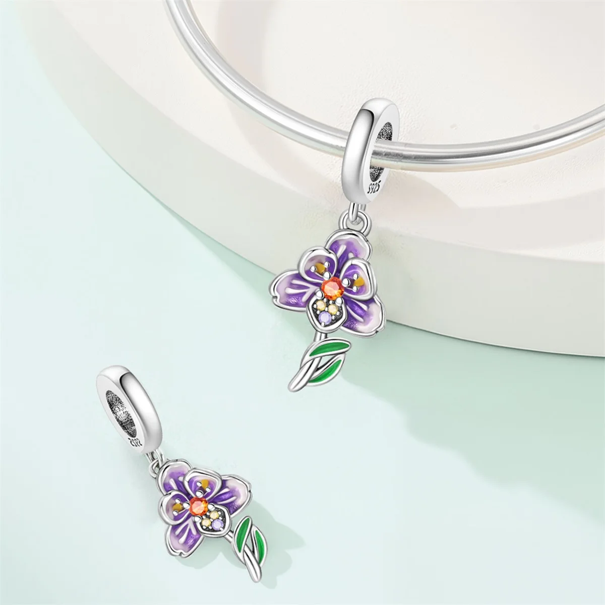 جديد 925 فضة بانسي الأرجواني الأزرق زهرة سحر البرسيم القرط حبة زهر ماغنوليا قلادة أساور يدوية مجوهرات