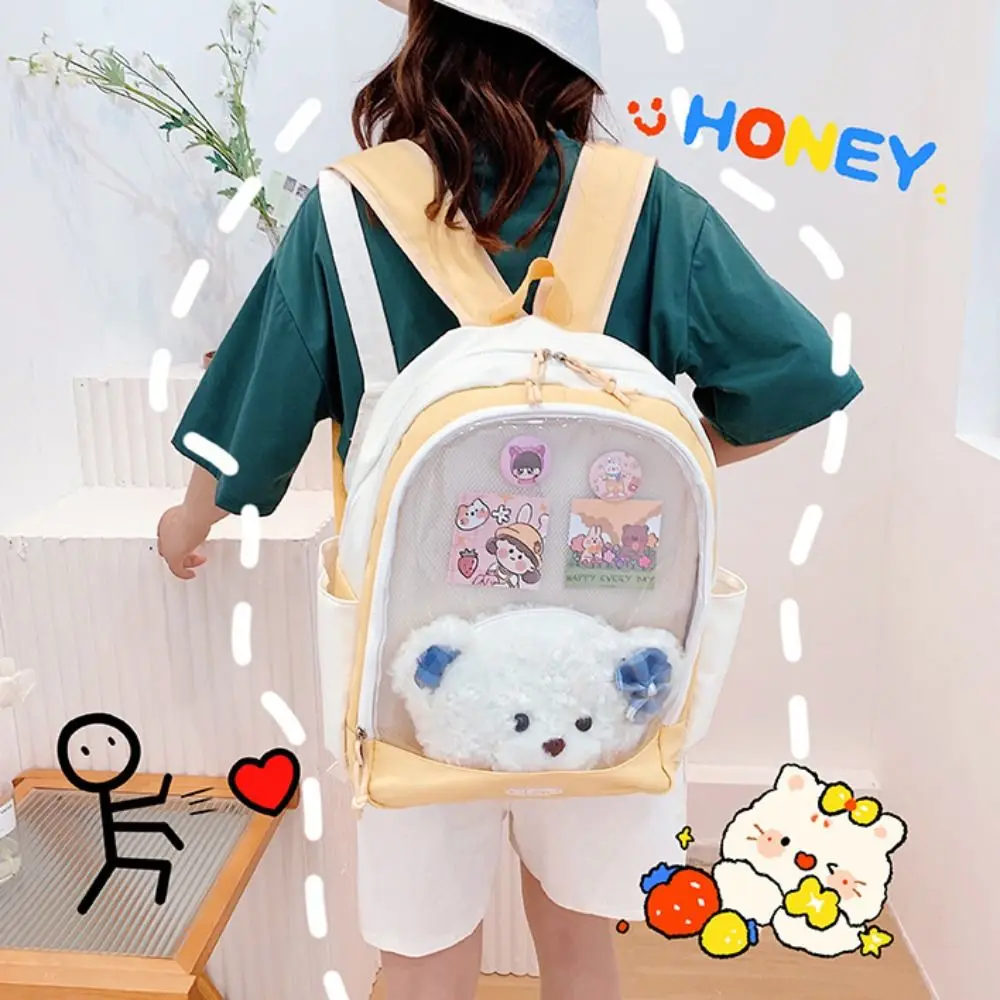 Adorável grande capacidade boneca display mochila estilo coreano bonito transparente itabag náilon dos desenhos animados estudante saco de escola crachá exibição