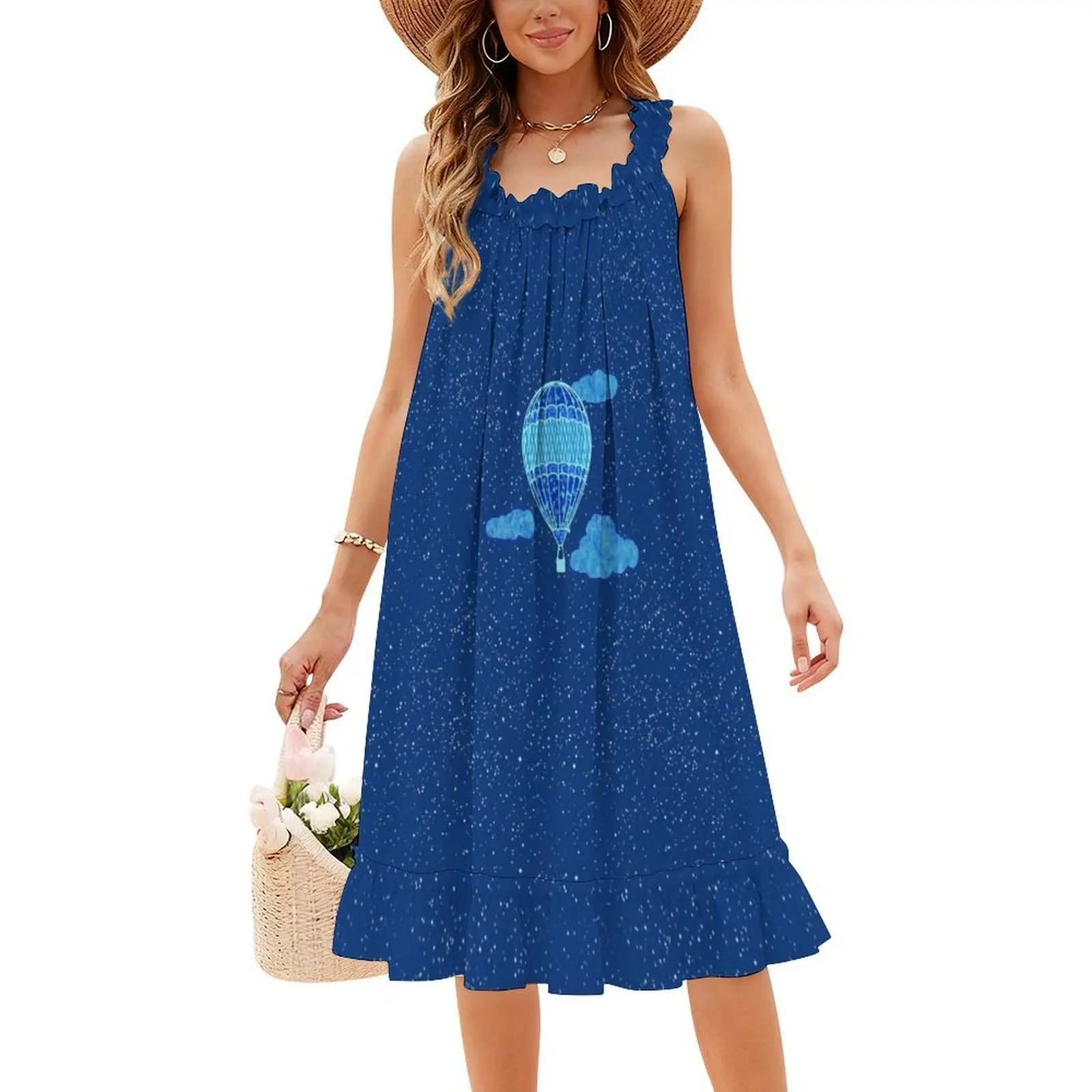 منطاد الهواء الساخن ضد السماء الليلية في فستان بوهيمي أزرق داكن بدون أكمام للنساء مطبوع فساتين حفلات الشاطئ بالون الهواء الساخن #4