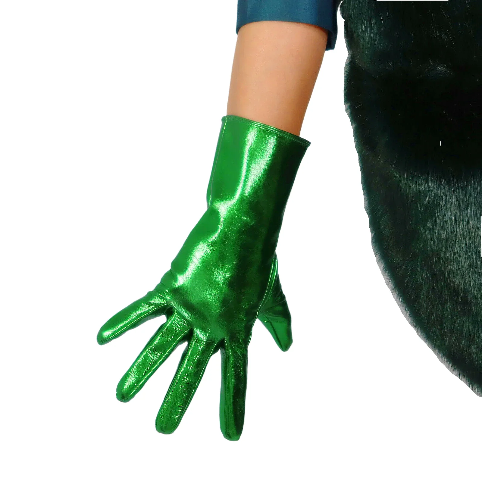 DooWay Electric Green 28cm Latex Short Gloves Wrist Long Faux Patent Leather Winter Warm Emerald Fashion Evening Driving Glove