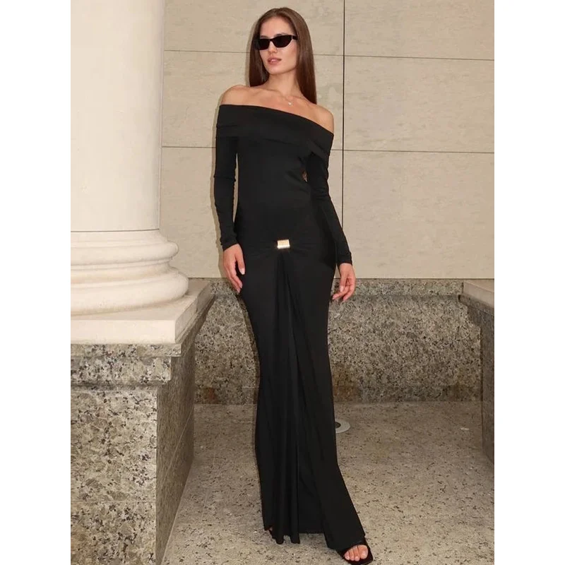 Sukienka maxi z dekoltem typu slash, długim rękawem, marszczeniami i bandażami, seksowna, elegancka, na jesień i zimę, damska, na wieczorne przyjęcie, na Nowy Rok.