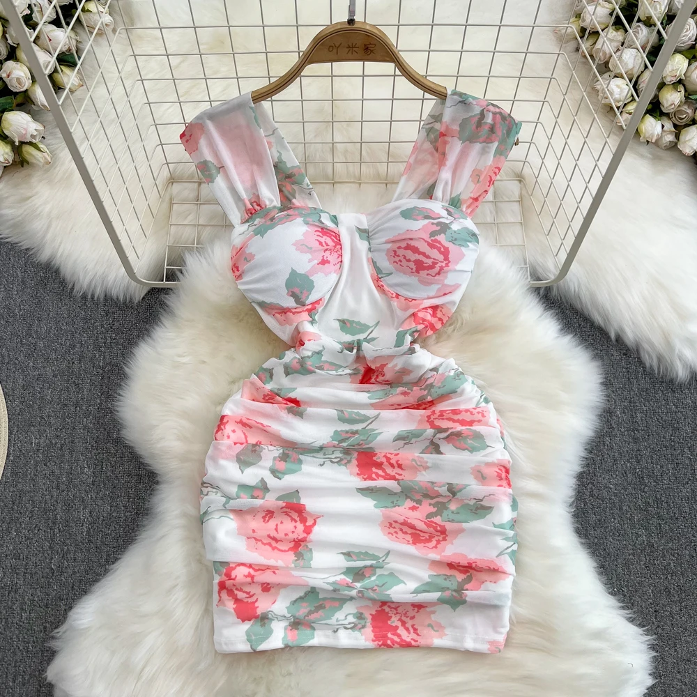 

Padded Bodice Slip Dress Slim Pleat Elastic Gauze Print Wrap Hip Short Dress 2023 New Summer Fashion Women Skirts