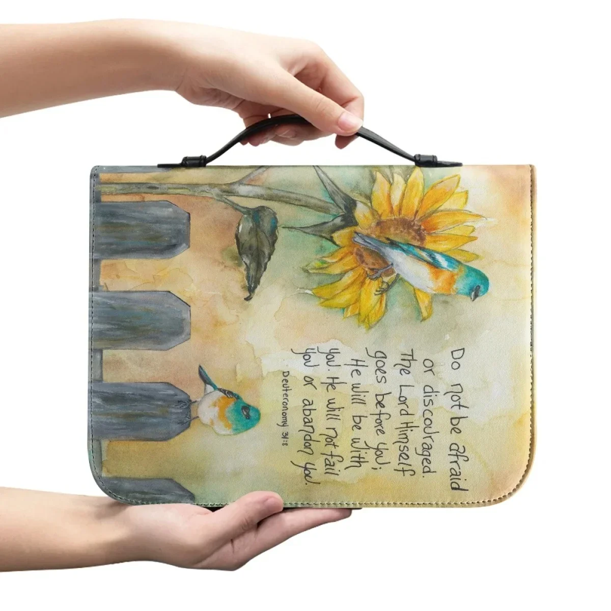 Poetry Sunflower Print Bible Bag Zippered Handle Leather Bible Storage Bags Carrying Study Book Holy Storage Women Boxes