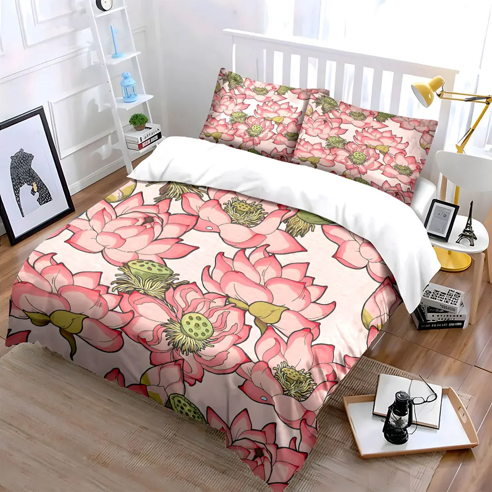 Pink lotus petals pattern Printed Duvet Cover Set1 Duvet Cover+2 PillowcaseMulti Size Bedroom Bedding Decor Luxury gifts