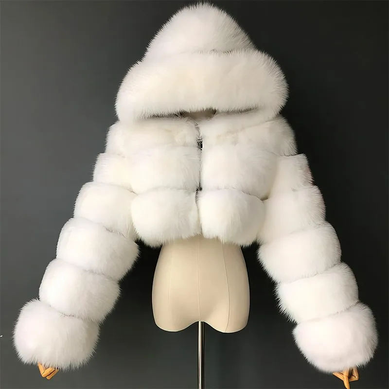 Furry Cropped Faux Fur Coats Jackets Women Fluffy Top Coat Hooded Straight Short Winter Fur Jacket Fashion Zip Hoody Streetwear