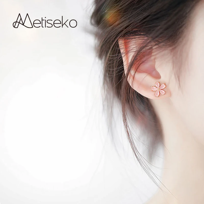 Metiseko 925 Sterling Silver Flower Shape Stud Earrings Blue Pink Cubic Zirconia Earrings Cute for Women Girls Party Gift Daily