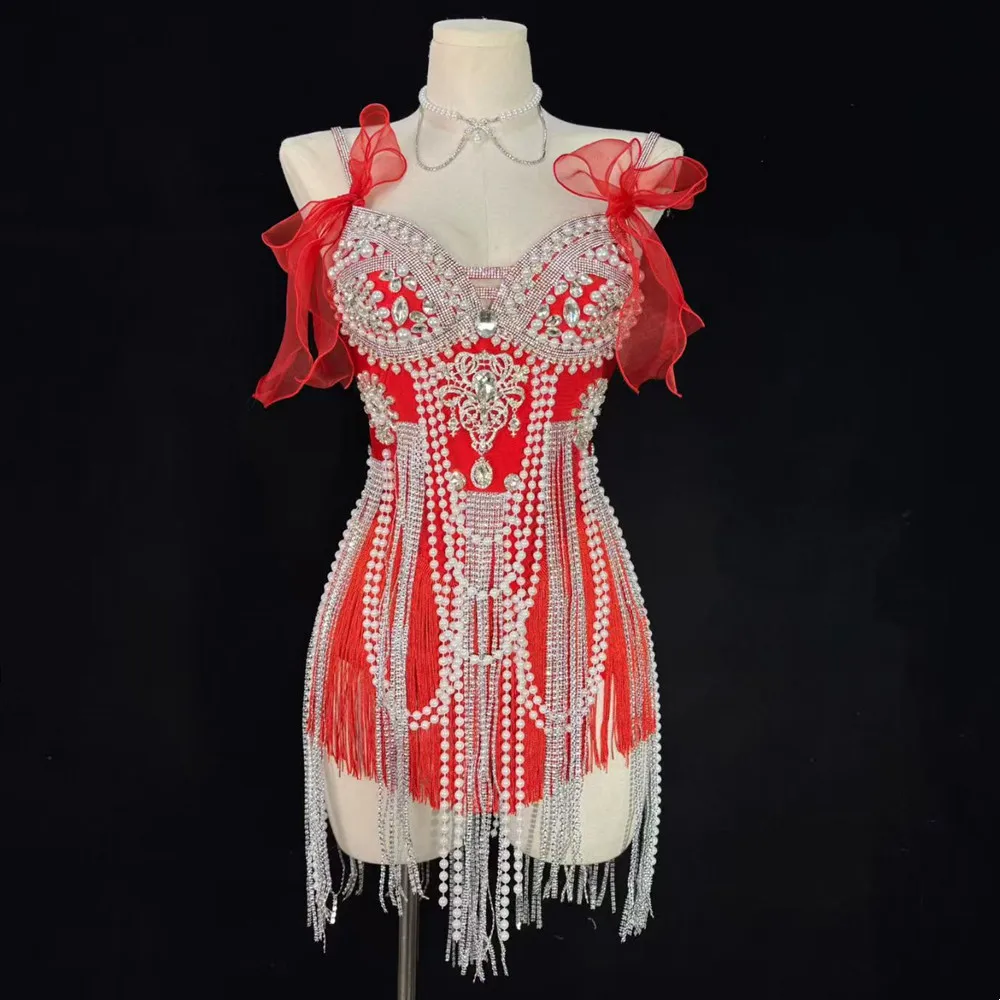 

Luxury Rhinestones Red Tassel Bodysuit Sexy Nightclub Bar Women Singer Stage Performance Costume Carnival Party Festival Clothes