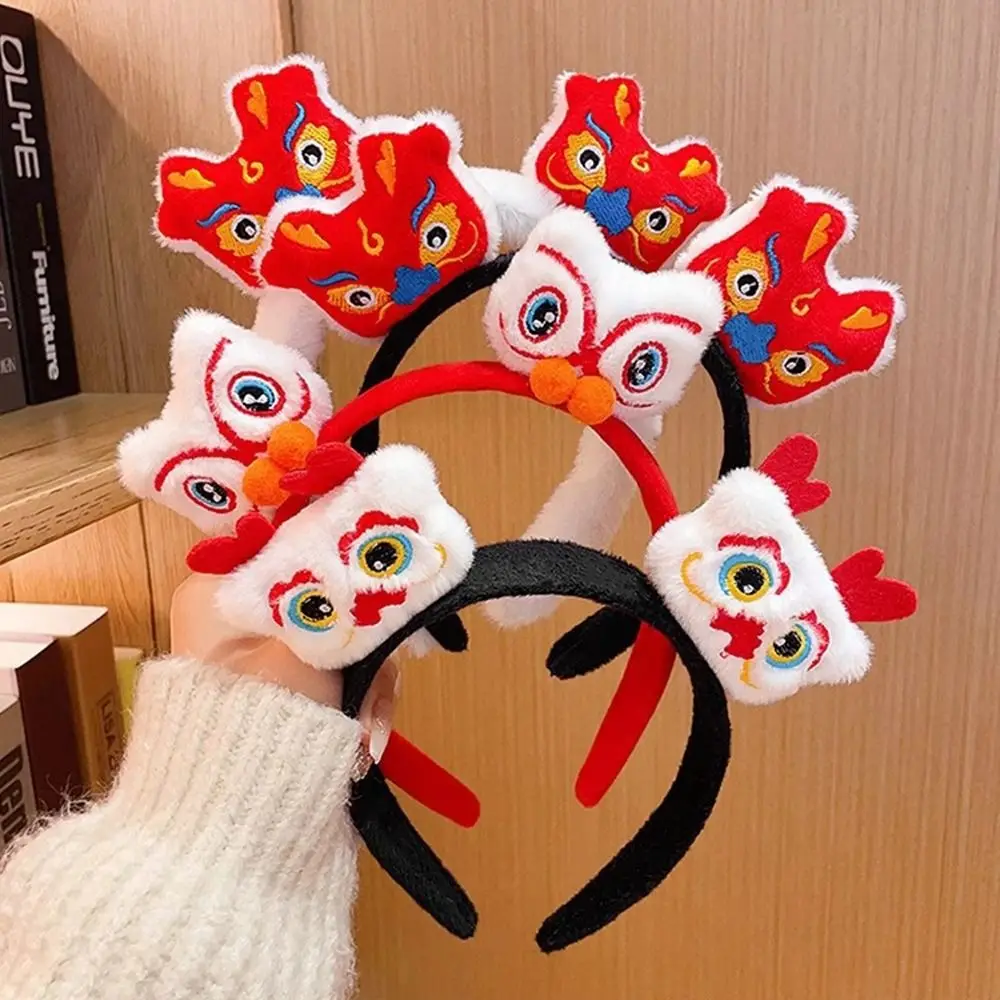

Red Hairband 2024 Happy New Year Headband Cartoon Lion Dance Dragon Headband Chinese Style Embroidery Hair Hoop
