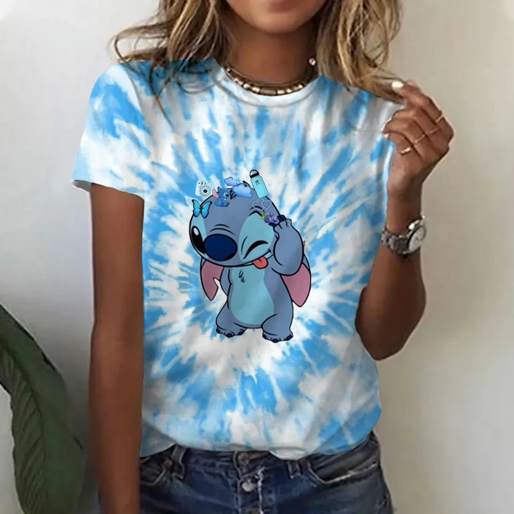 Disney Lilo Stitch Cartoon T-shirt Tops for Women Lady Short Sleeve Summer Female T shirts O-neck Clothes Woman Sweet Hot Tees