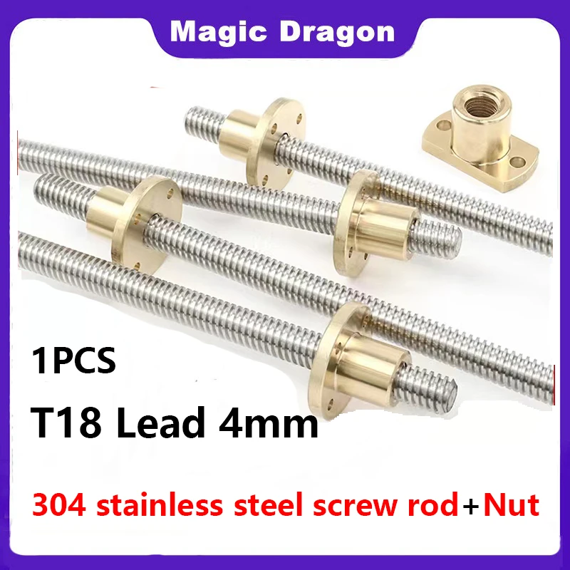 

1PC 304 Stainless Steel T18 Trapezoidal Rod Lead Screw Thread 18mm lead 4mm With Brass Nut L＝100-1000MM For 3D Printer CNC Parts