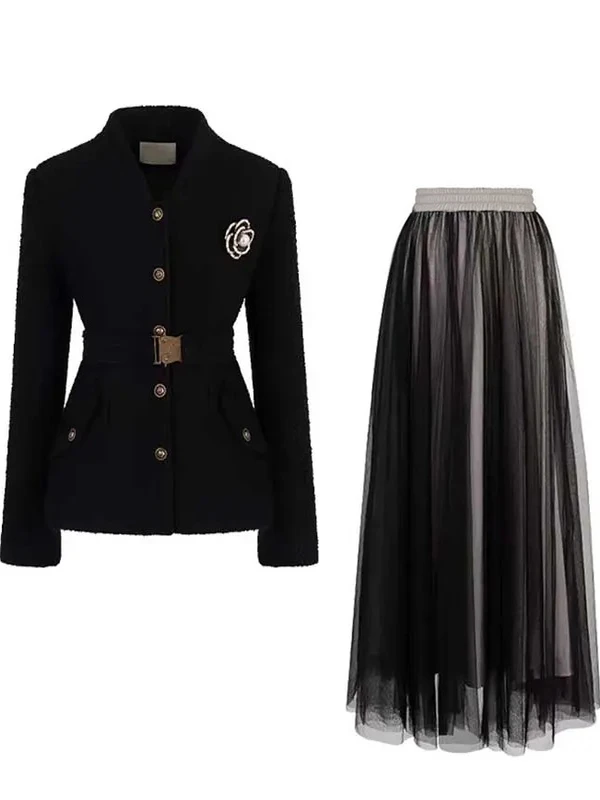 Completo Invernale in Cotone con Cintura in Vita e Gonna, Set Due Pezzi Casual da Donna, Tailleur con Vita Alta in Poliestere...