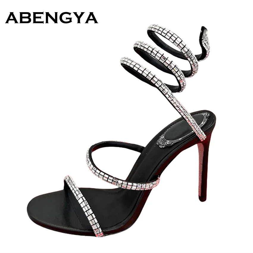 

Summer Crystal High Heels Gladiator Sandals Women Rhinestone Ankle Snake Around Wedding Shoes For Women Stiletto Sandals Woman