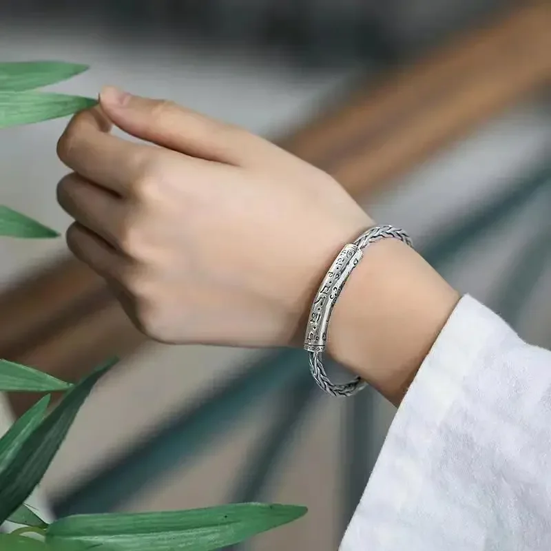 Retro Pattern Sanskrit Opening Bracelet Buddhist Six-Character Mantra Twist Cuff Bangles Men and Women Fashion Jewelry Gift