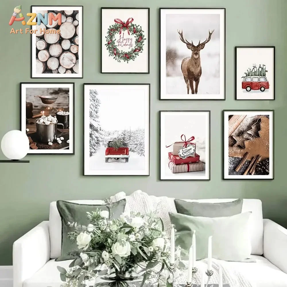 AZNM Neutral Farmhouse Christmas Canvas Wall Art Snowy Deer Wreath Red Truck Hot Cocoa Gift Box Winter Holiday Rustic Living Roo