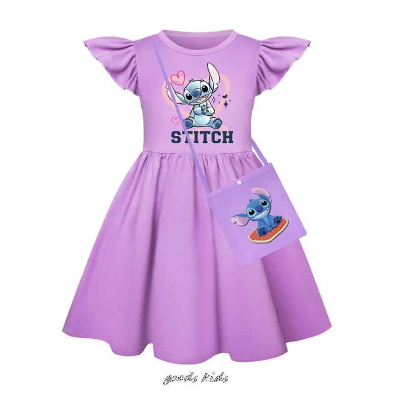 Hot Lilo And Stitch Flying Sleeve Girls Colorful Dress And Bag Summer Kids Party Dresses Children Clothing Vestidos Outfits