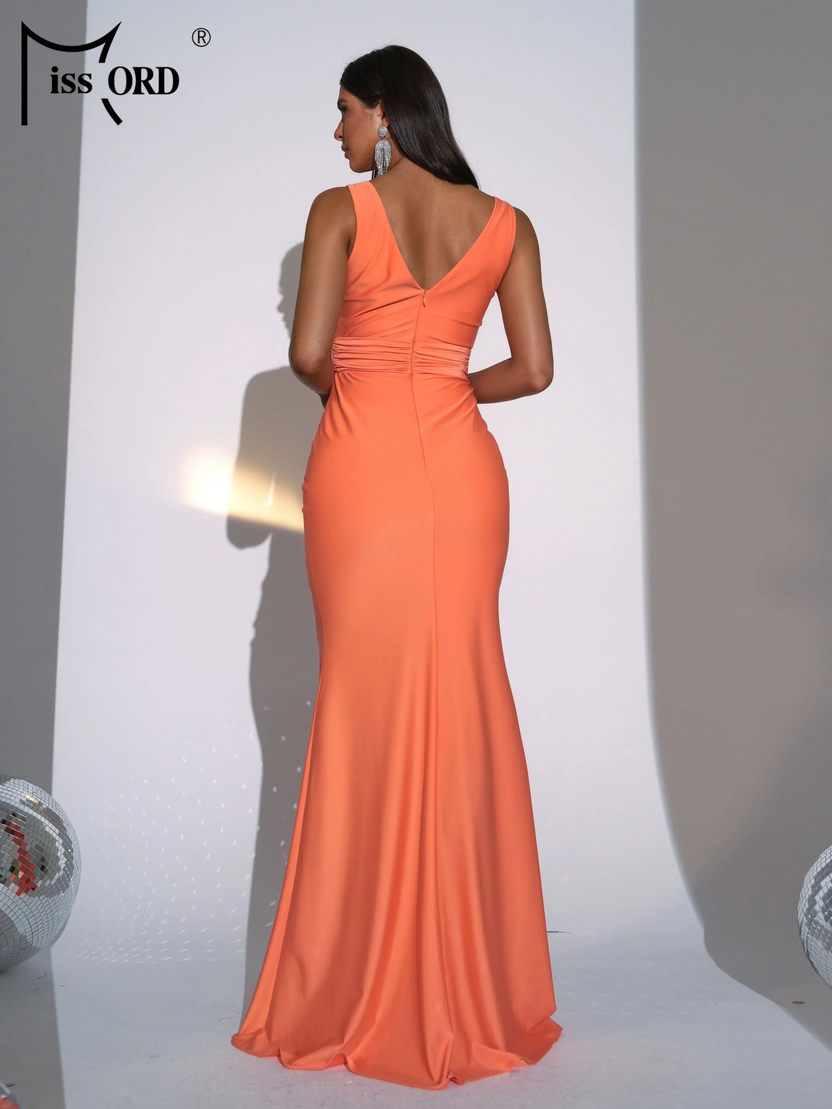 Missord Elegant Orange Wedding Dress Women V Neck Sleeveless Ruched Ruffles Bodycon Party Evening Dresses Long Prom Gown