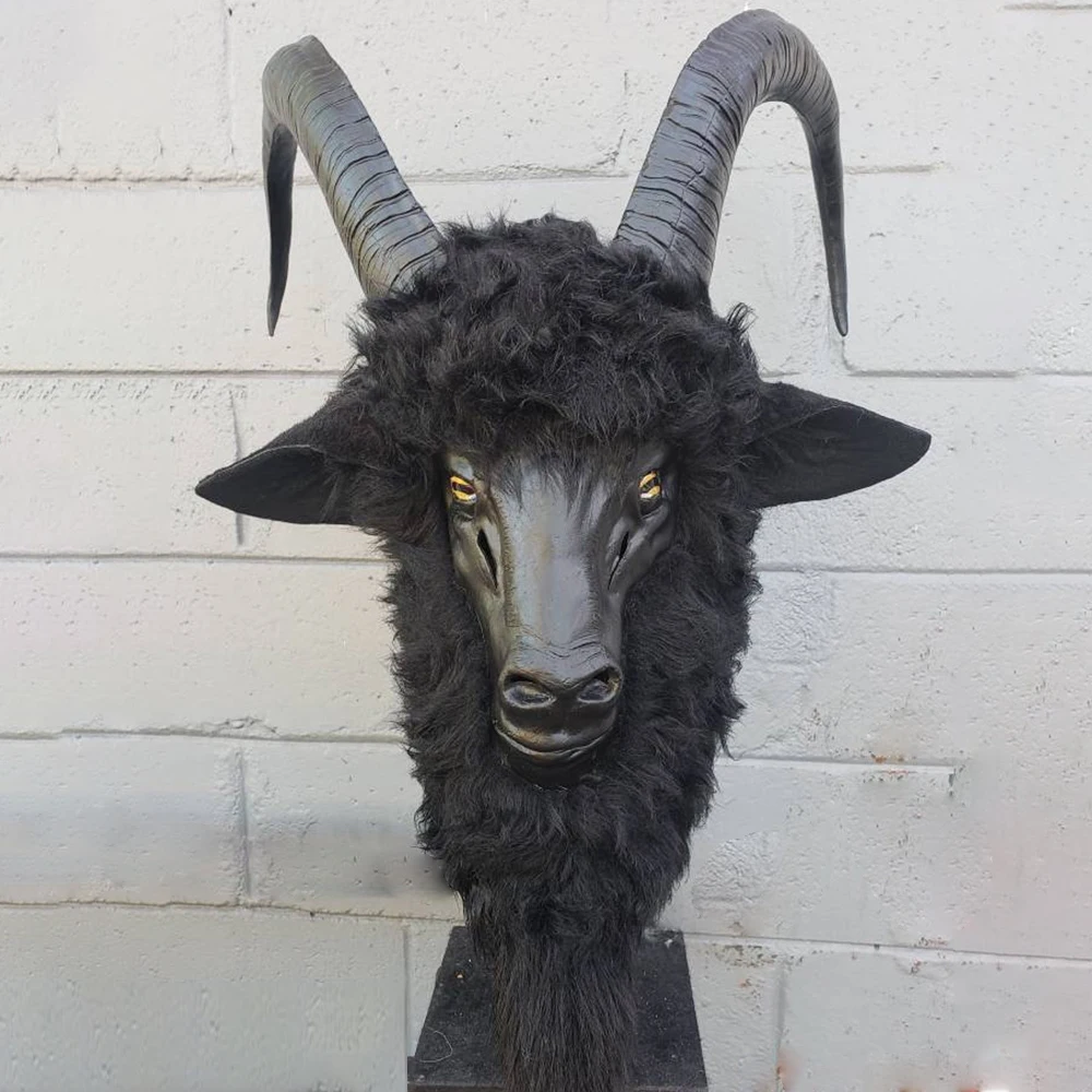 Evil Black Phillip Goat Mask Cosplay Animal Goat With Large Horns Latex Helmet Halloween Carnival Purim Party Costume Props