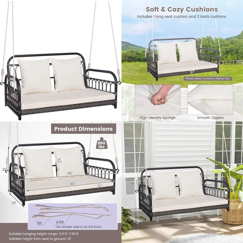 

Плетеное сиденье-качалка на 2 человека с подушками, прочный металлический каркас, прочная подвеска для крыльца на открытом воздухе, удобное подвесное сиденье для