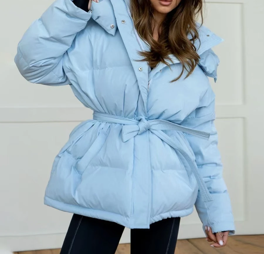 2025 Hooded Cotton Jacket Thickened Autumn/Winter Fashion Jacket Women's Solid Color Belt Warm Coat