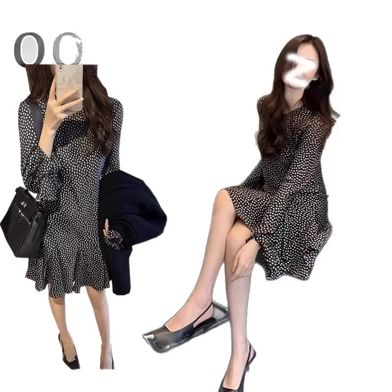 긴 소매 여성 드레스 이브닝 파티 봄 시폰 아플리케 리본 플라운스 허리 없는 미니멀리스트 스타일 플리츠 시크