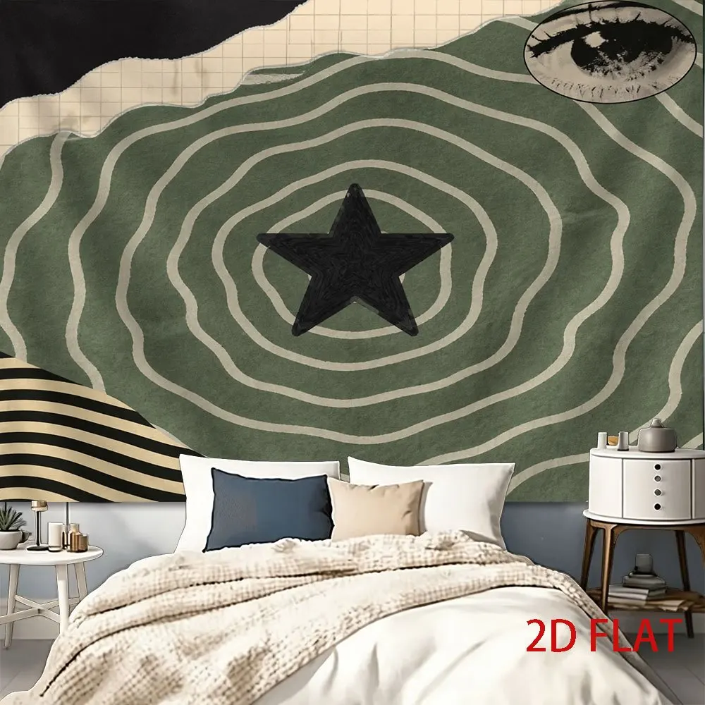 Abstract Collage Wall Tapestry, Sage Green Wave Pattern, Star & Eye Art, Trendy Indie Art Hanging for Living Room Wall Decor