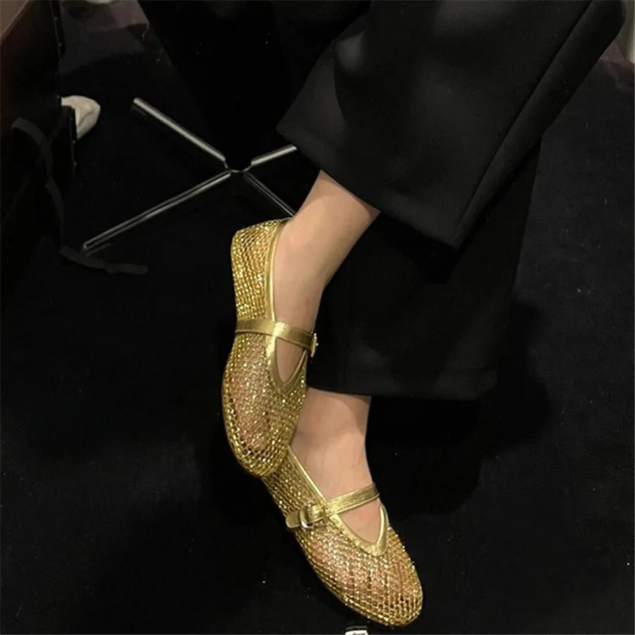 2024 New Gold Women Flats Ballet Dance Shoes Hollow Out Mesh Walking Loafers Ladies Mary Janes Strap Espadrilles Summer Sandals