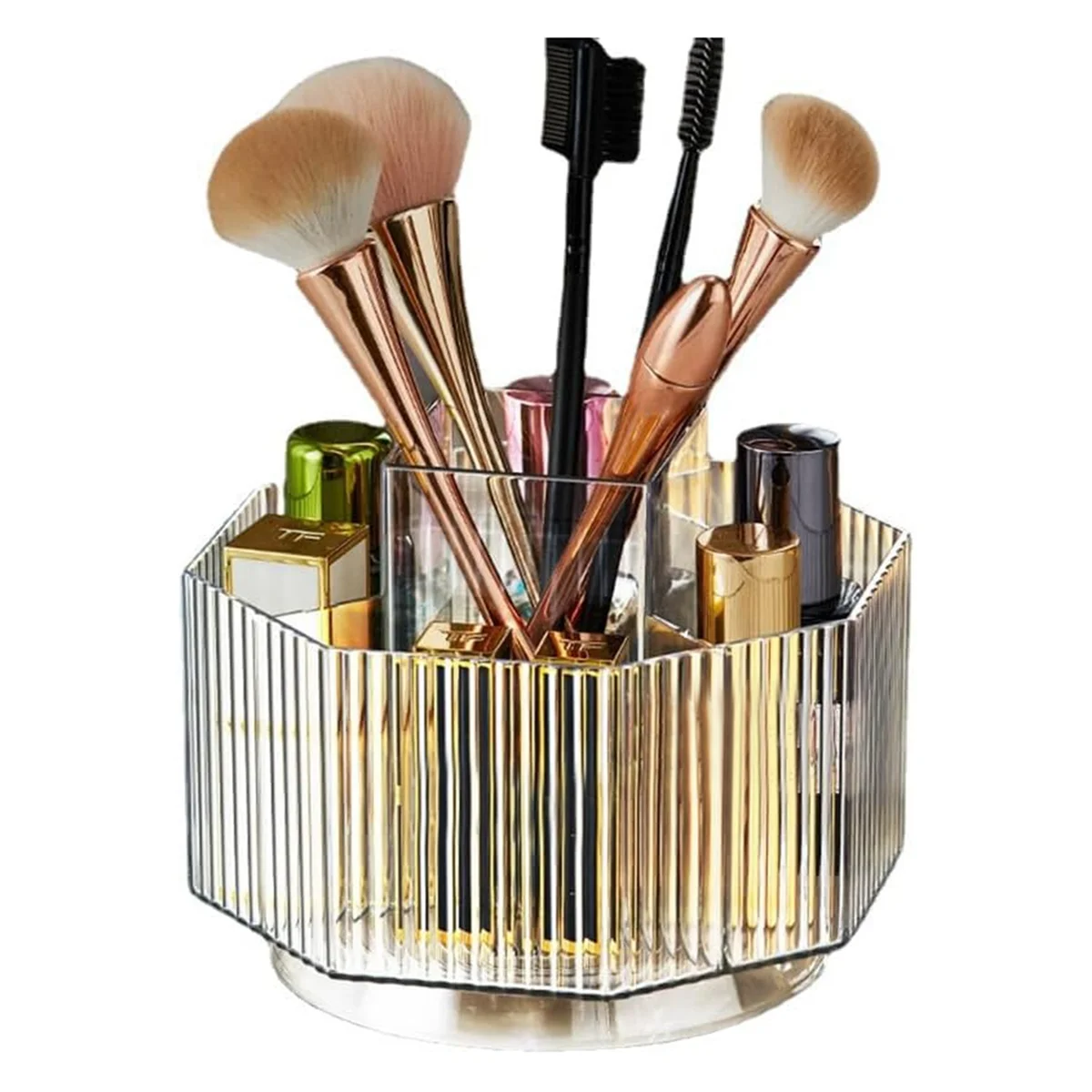 

360° Rotating Makeup Organizer, Spinning Makeup Brush Holder with 5 Slot Cosmetic Display Case Skin Care Trar (Clear)