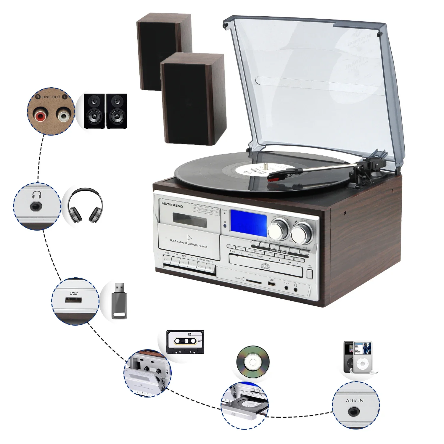 3 Speed Turntable Player AM FM Radio Bluetooth USB Cassette CD Gramophone Vinyl Records Player With External Speakers