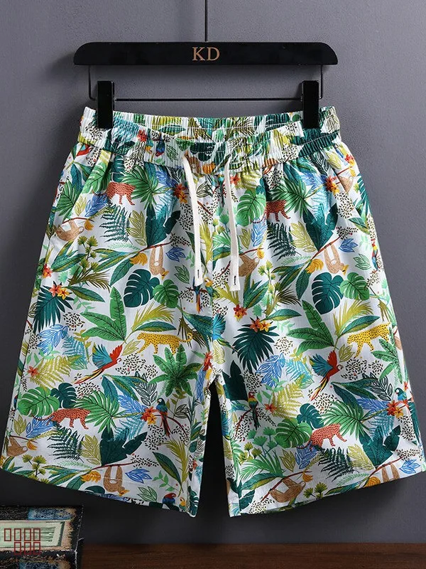 

Summer New Thin Men's ort Pants High Quali Plant Printing Five Parts Casual Loose Beach Faionable Cotton Youth Leisure