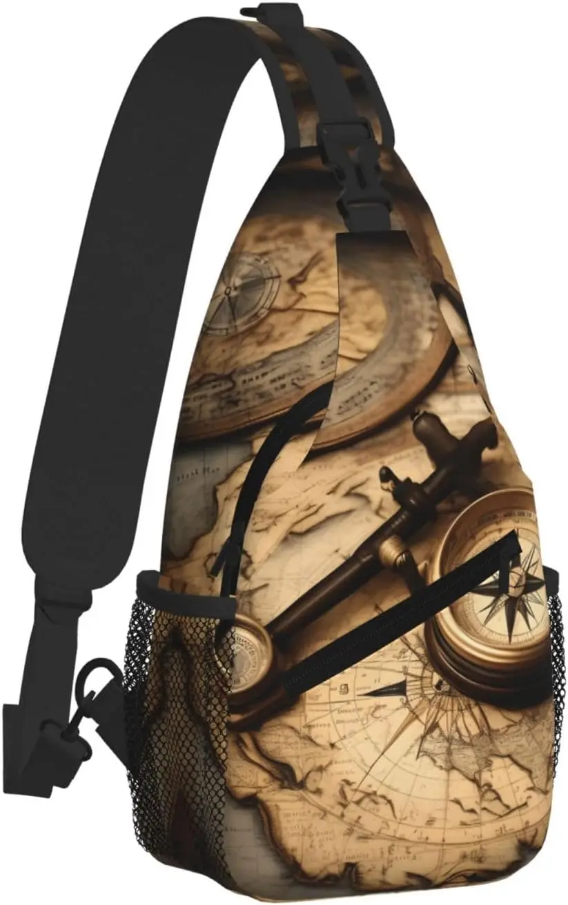 Compass and Old World Map print Small Sling Backpack Crossbody Sling Bag, Chest Bag Daypack Fanny Pack for Outdoors