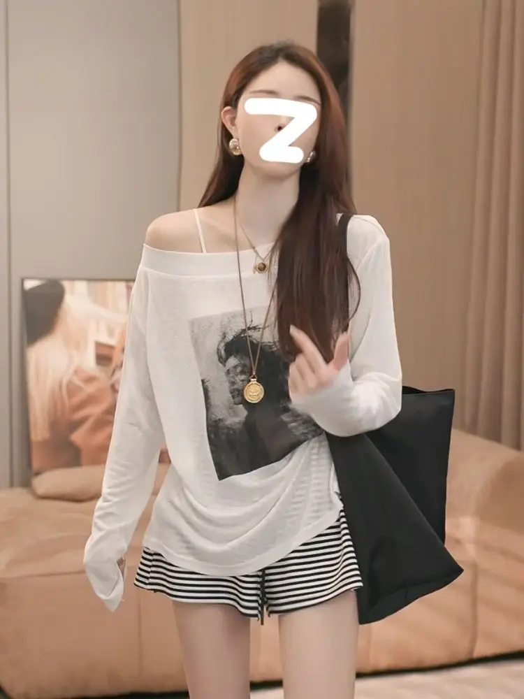 Y2k Streetwear Off-the-shoulder Long Sleeves Graphic T-shirt Sun-protective Cover-up Women Lightweight Loose Versatile Print Top
