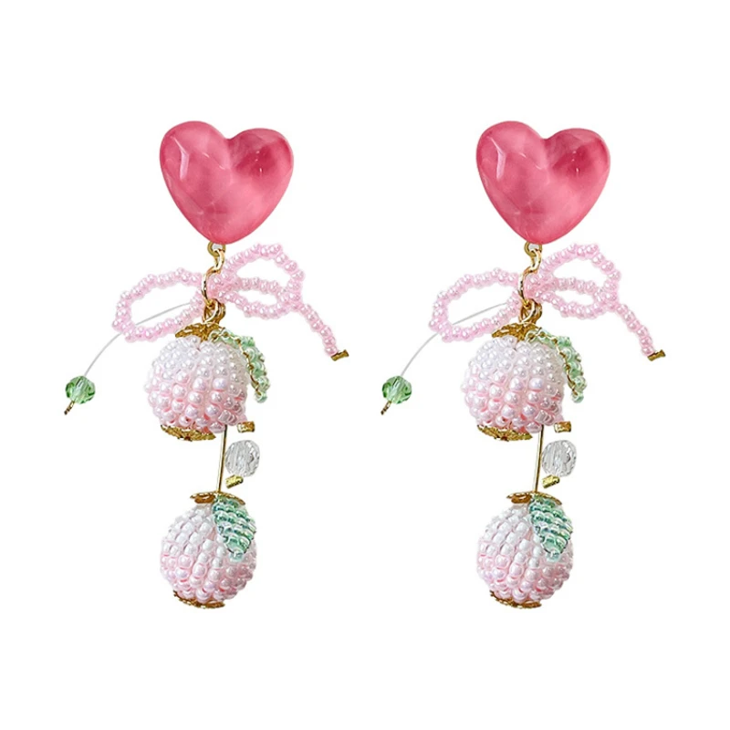 

Hxl Pink Long Love Heart Tassel Beaded Earrings Sweet Earrings