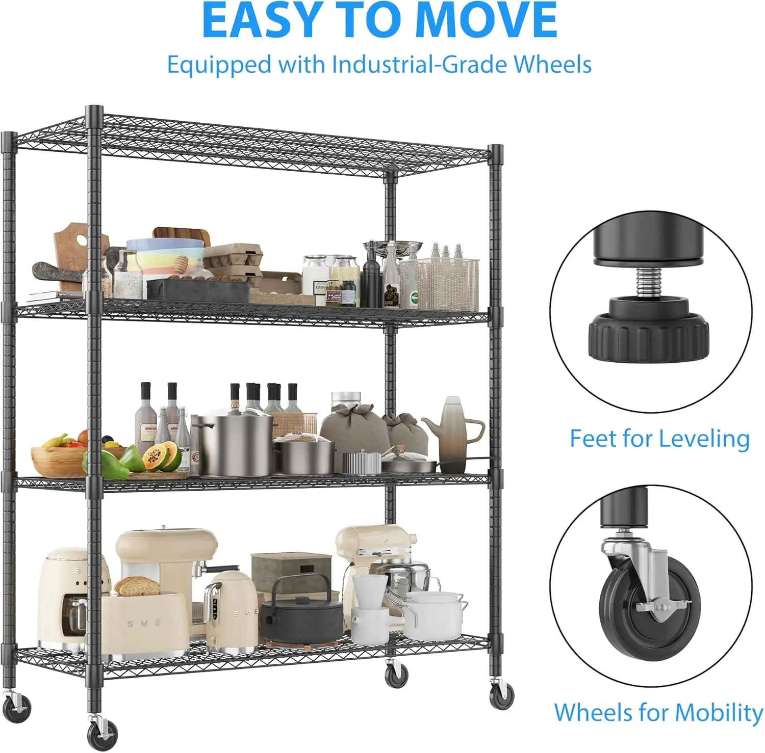 60”W Storage Shelves, 4 Tier Heavy Duty Wire Shelving Unit w/ Wheels, 2400LBS Commercial Adjustable Metal Shelves for Storage,