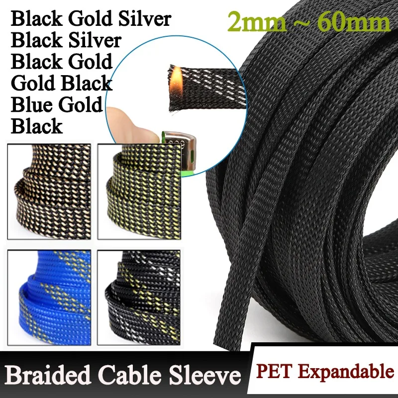 

PET Braid Cable Sleeve Insulated 2mm-60mm Black Gold Silver Serie Protector Wire Gland Protection Cable Sleeving Sheath Tube