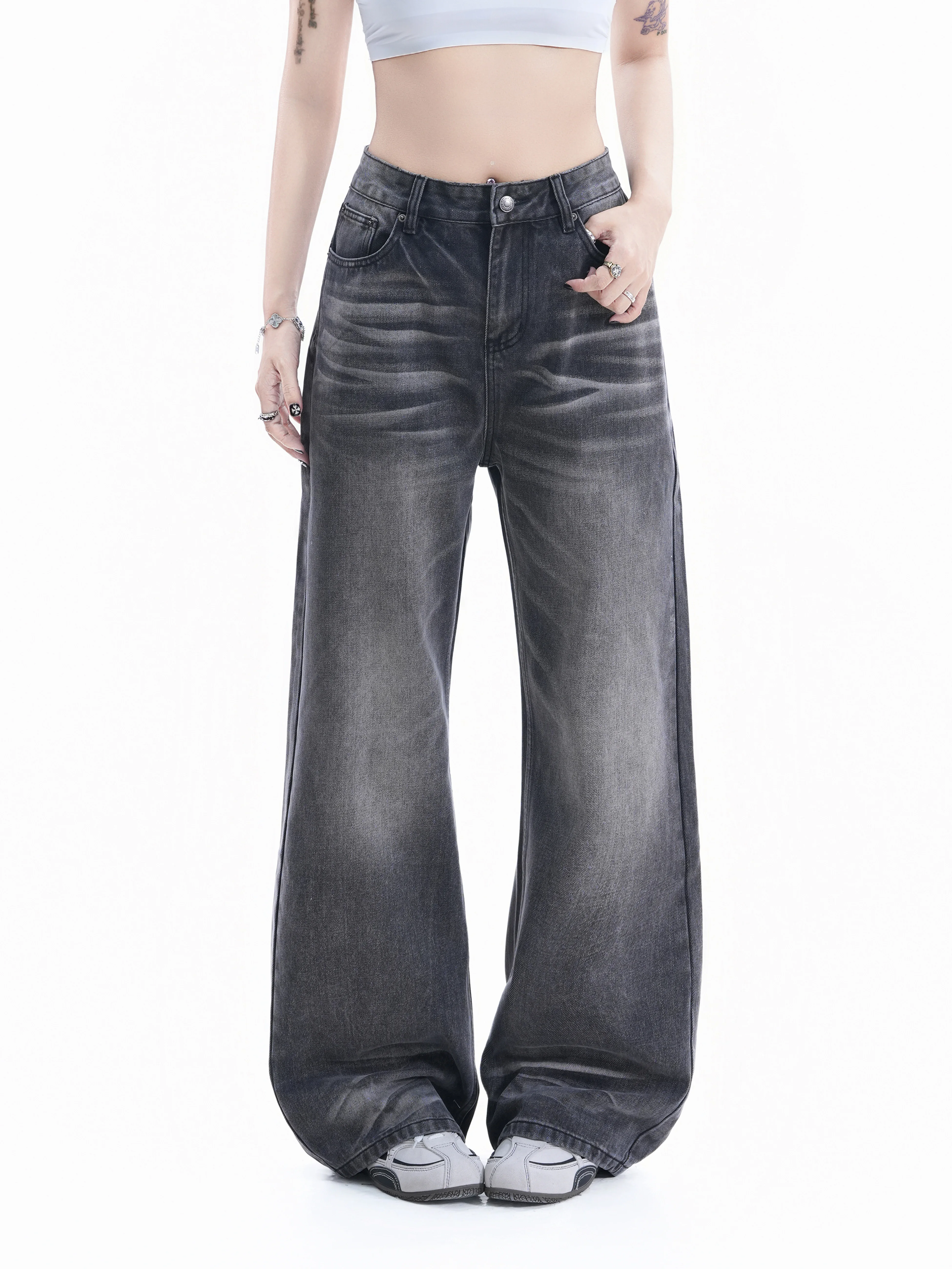 

Retro American Scratch Denim Jeans Women's Loose Wide Leg Pants Couple's Floor-Length Trousers Small Ball Ball Cotton Jeans
