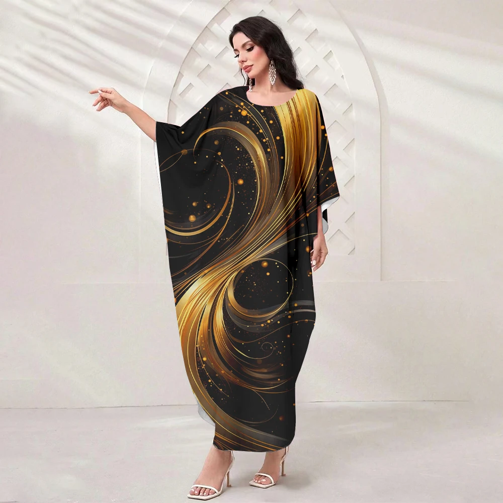 Eid Muslim Party Women's Robe Bat Sleeve Textured Printed Ramadan Robe Moroccan Women's Elegant Dress Dubai Noble Clothing 2024