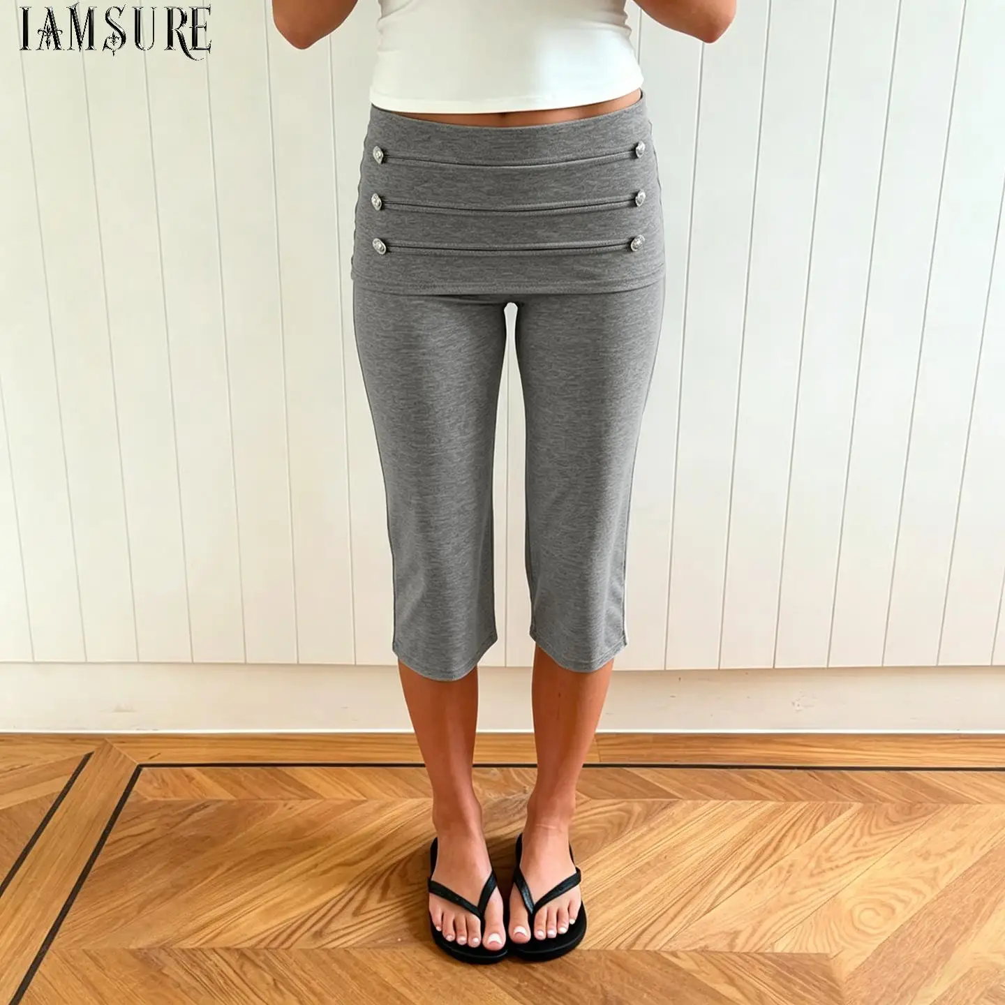 Women's Fold Over Waist Capri Pants Multi Button Decor Slim Fit Knee Length Cropped Leggings Casual Baroque Style Bottoms Trend