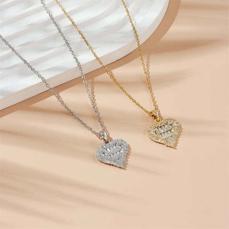 Simple Romantic Zircon Love Heart Pendant Necklaces Stainless Steel Chain Jewelry Accessories Gifts for Women Lover