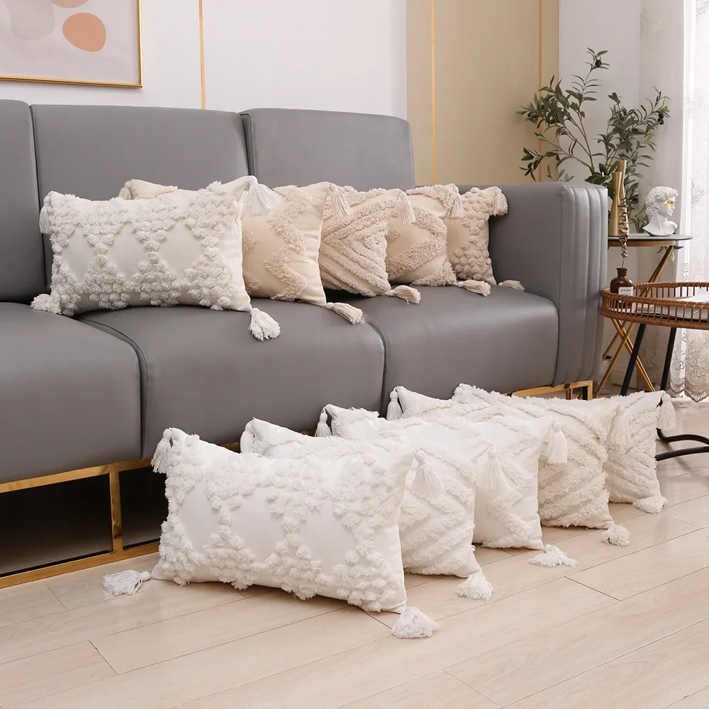 Square White Diamond Cushion Cover Pillows Decor Home Four Corners Tassel Pillow Covers Decorative White Throw Pillow Covers