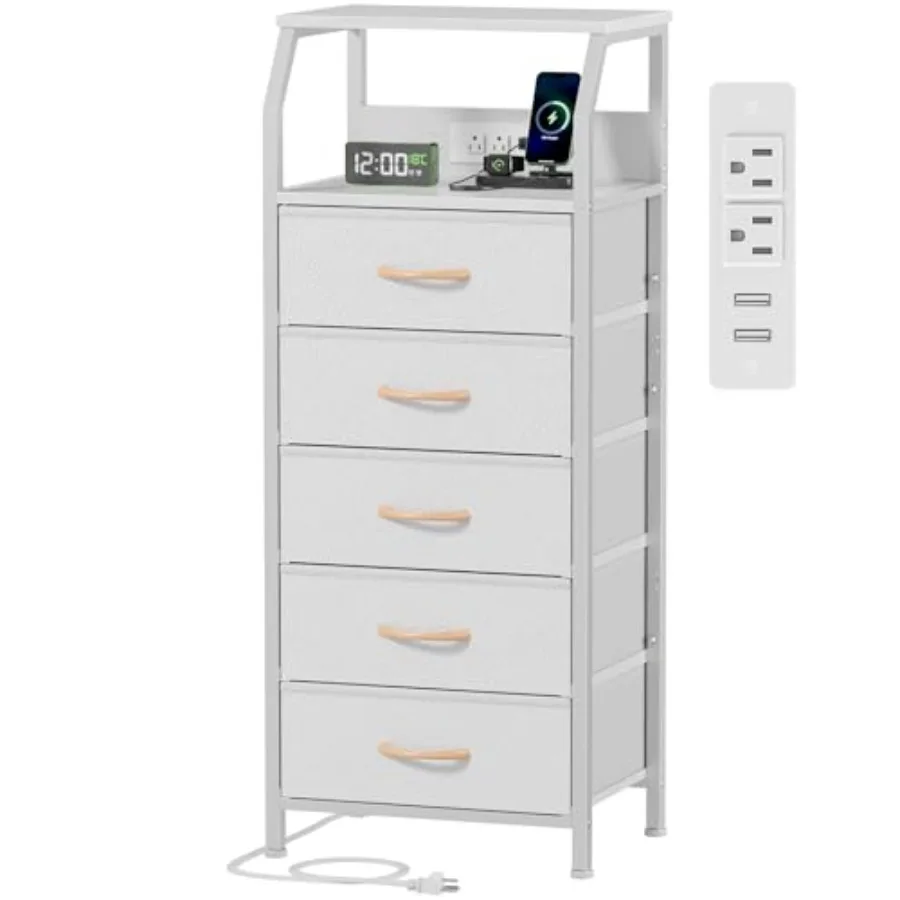 s Dresser with Charging Station Tall Night Stand with Open Shelf Storage Tower with PVC and Fabric Drawer Bedside Table for Bed