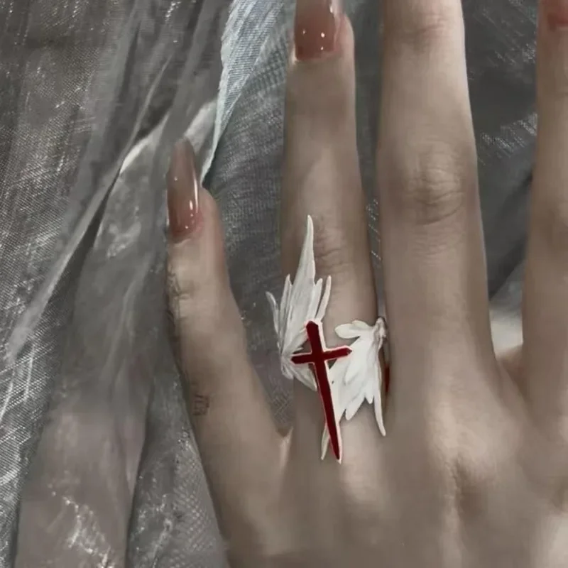 Retro Angel Wing Feather Cross Design Finger Ring Delicate Religious Style Metal Ring Fashion Ornament Jewelry for Unisex Wear