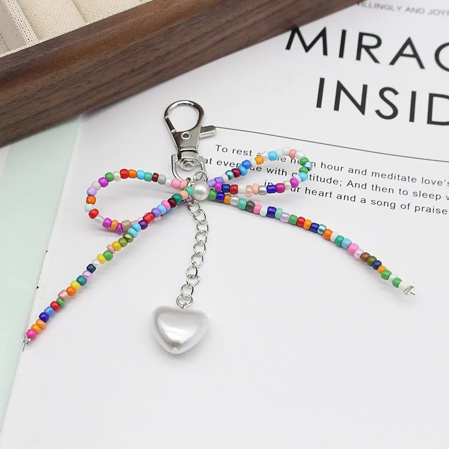 Ins Style Bowknot Beaded Key Chain Color Love Phone Pendant Key Ring Handmade Jewelry Ornament Bags Pendants Gifts