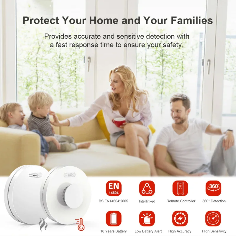 CPVAN-Detector De Fumaça Interligado E Alarme De Calor Com A Bateria Selada 10 Anos, Sensor De Incêndio Sem Fio, 433MHz, Conectável EN14604