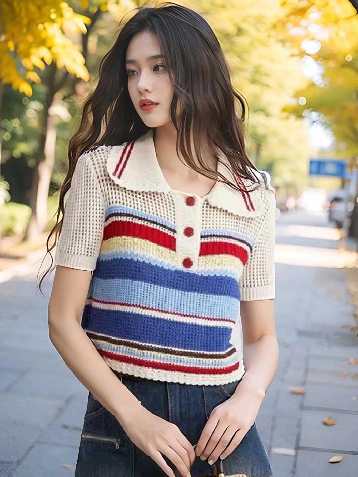 

Polo collar, hollowed out rainbow stripes, contrasting colors, short knit shirt, short sleeved t-shirt, women's design sense top